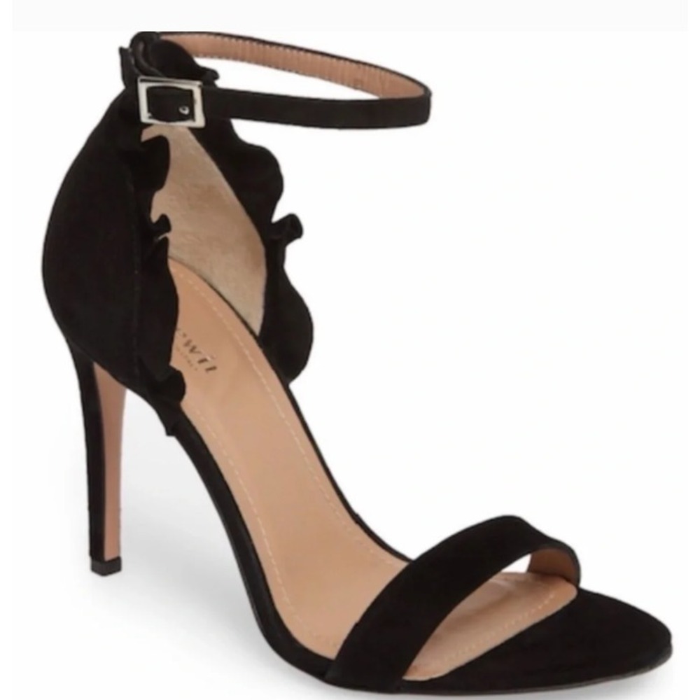 Lewit Black Suede Ruffle Heel Ankle Strap Stiletto Sandals Made in Italy 39.5